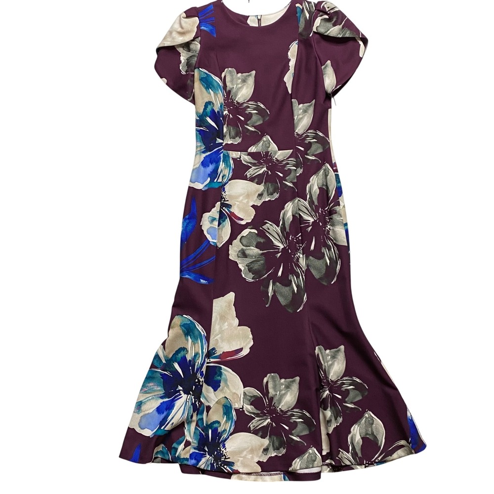 Calvin Klein $134 Plum Floral Petal Sleeve Midi Dress CD8CG1TC Size 6 NWT - Picture 3 of 8